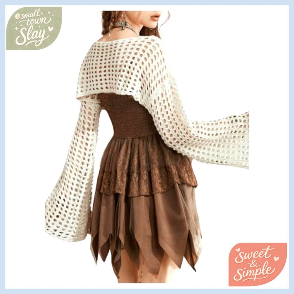 Crochet Shrug Hollow Knit Bolero Bell Sleeve Coverup Crop Top Y2K - Picture 2 of 6